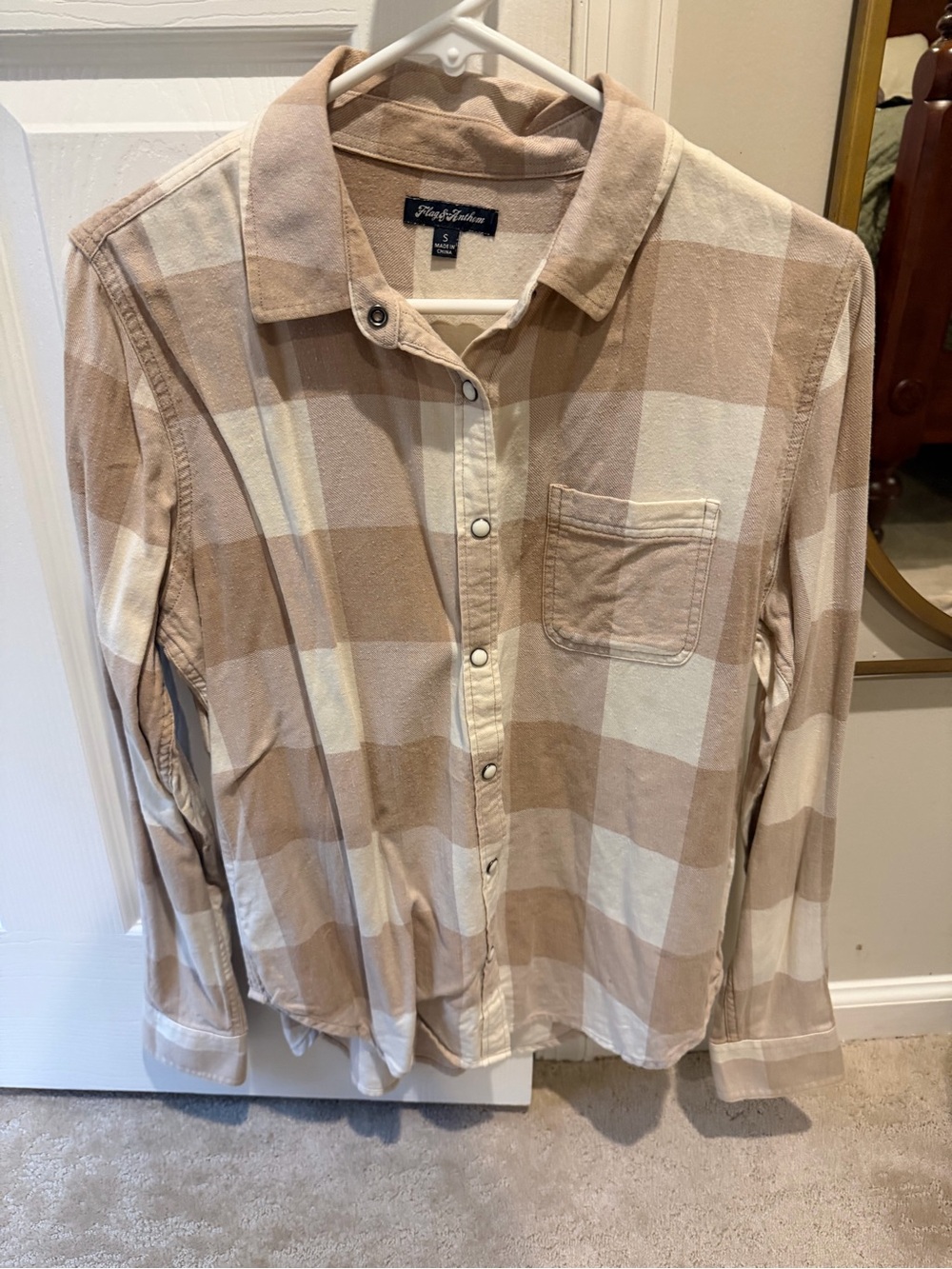 Flag and Anthem Plaid Button-Front Shirt in Beige/Cream
